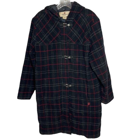 Woolrich Black Plaid Hooded Wool Pea Trench  Coat. Size Medium. - Picture 1 of 12